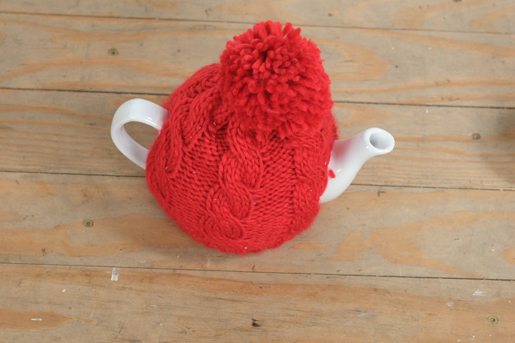 Pier 1 Imports White Ceramic Teapot with Red Knit Cozy – Classic Winter Tea Set