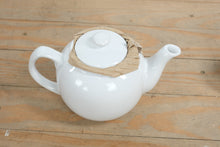 Load image into Gallery viewer, Pier 1 Imports White Ceramic Teapot with Red Knit Cozy – Classic Winter Tea Set
