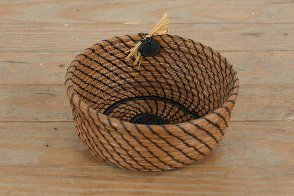 Pine Away Baskets Handwoven Pine Needle Bowl – Black Cord Accent & Raffia Detail