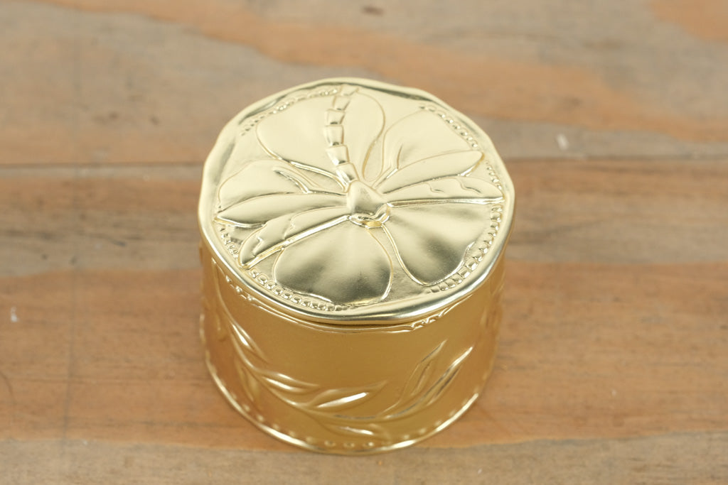 Gold Embossed Metal Trinket Box – Dragonfly Design with Floral Detail