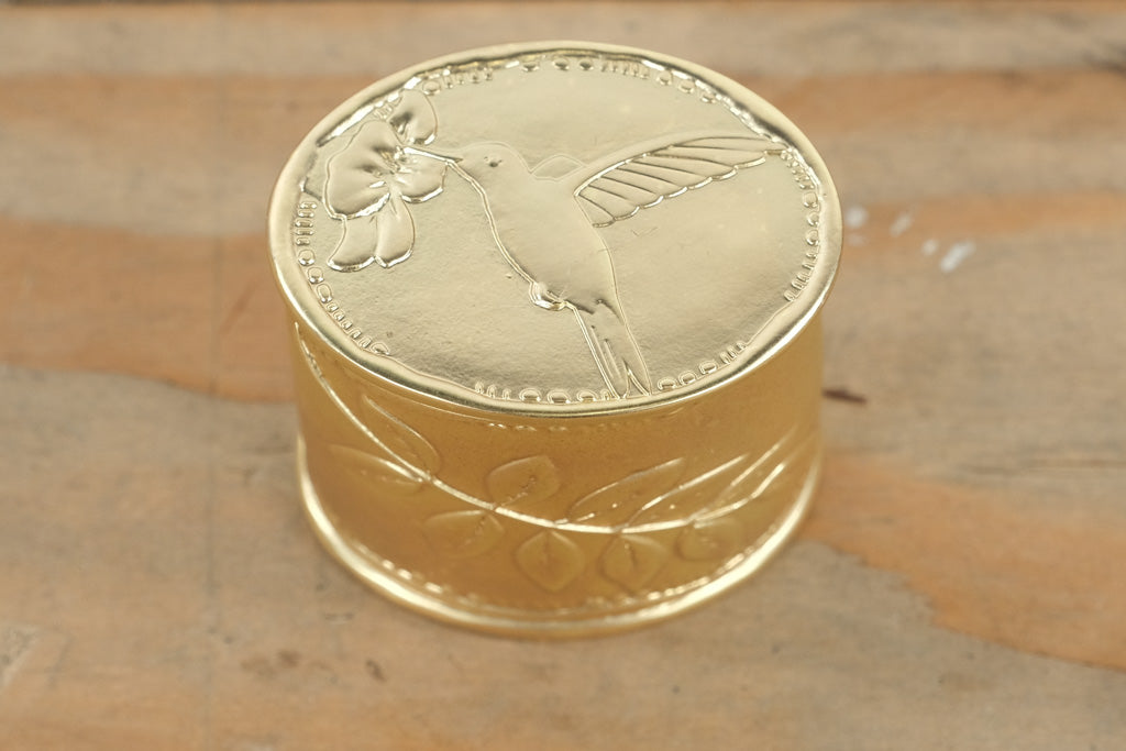 Gold Embossed Metal Trinket Box – Hummingbird & Flower Design