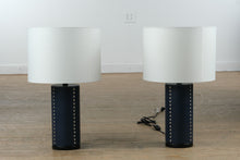 Load image into Gallery viewer, Pair of Pier 1 Imports Navy Leather Table Lamps – Studded Cylinder Base with White Drum Shade
