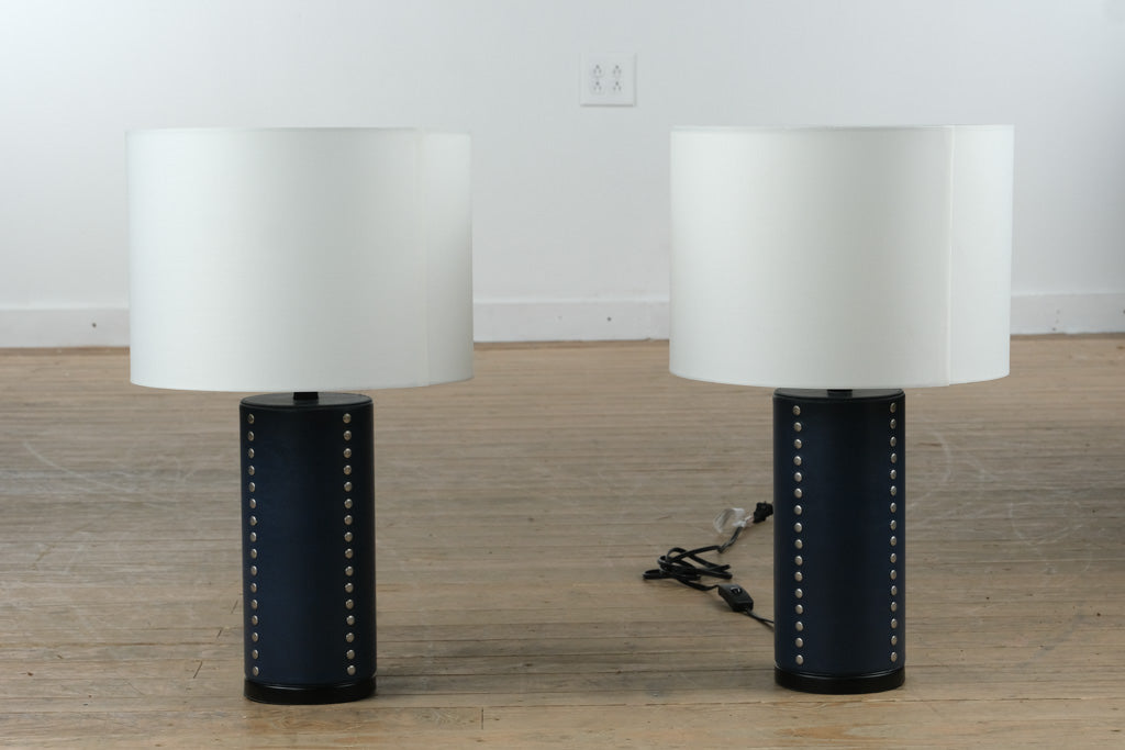 Pair of Pier 1 Imports Navy Leather Table Lamps – Studded Cylinder Base with White Drum Shade