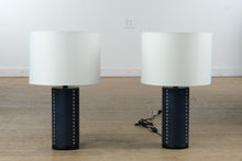 Load image into Gallery viewer, Pair of Pier 1 Imports Navy Leather Table Lamps – Studded Cylinder Base with White Drum Shade

