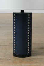 Load image into Gallery viewer, Pair of Pier 1 Imports Navy Leather Table Lamps – Studded Cylinder Base with White Drum Shade
