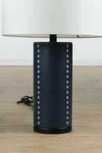 Load image into Gallery viewer, Pair of Pier 1 Imports Navy Leather Table Lamps – Studded Cylinder Base with White Drum Shade
