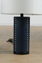 Load image into Gallery viewer, Pair of Pier 1 Imports Navy Leather Table Lamps – Studded Cylinder Base with White Drum Shade
