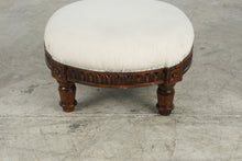 Load image into Gallery viewer, Carved Wood Round Upholstered Footstool
