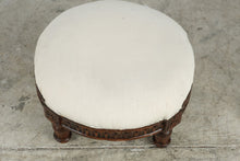 Load image into Gallery viewer, Carved Wood Round Upholstered Footstool
