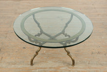Load image into Gallery viewer, 36 Inch Round Glass Top Coffee Table with Iron Base and Brass Ring Frame
