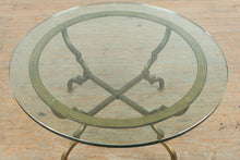 Load image into Gallery viewer, 36 Inch Round Glass Top Coffee Table with Iron Base and Brass Ring Frame
