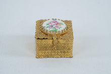 Load image into Gallery viewer, Ornate Gold Tone Filigree Trinket Jewelry Box Porcelain Floral Rose Lid
