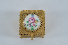 Load image into Gallery viewer, Ornate Gold Tone Filigree Trinket Jewelry Box Porcelain Floral Rose Lid
