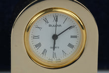 Load image into Gallery viewer, Bulova Quartz Mini Desk Clock Manhattan Windsor Gold Tone With Box
