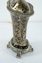 Load image into Gallery viewer, Rubbed Pewter Table Lamp – Black Floral Vines, Ornate Base, 30” Tall
