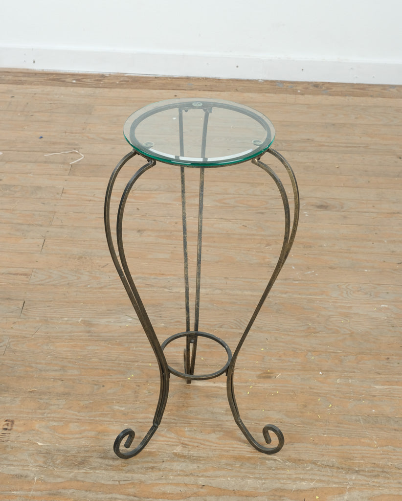 Glass & Wrought Iron Accent Table – Rubbed Pewter Finish, 30” Tall
