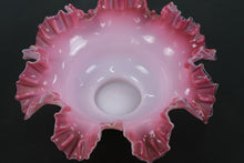 Load image into Gallery viewer, Fenton-Style Pink &amp; White Ruffled Art Glass Bowl – Handcrafted Opalescent Cased Glass, 11” Wide
