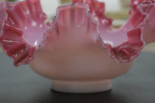 Load image into Gallery viewer, Fenton-Style Pink &amp; White Ruffled Art Glass Bowl – Handcrafted Opalescent Cased Glass, 11” Wide
