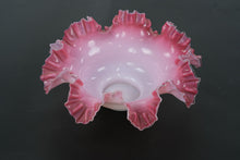 Load image into Gallery viewer, Fenton-Style Pink &amp; White Ruffled Art Glass Bowl – Handcrafted Opalescent Cased Glass, 11” Wide
