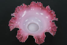 Load image into Gallery viewer, Fenton-Style Pink &amp; White Ruffled Art Glass Bowl – Handcrafted Opalescent Cased Glass, 11” Wide
