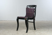 Load image into Gallery viewer, Hand Painted Black Wood Side Chair Floral Bird Carved Back Purple Plaid Seat
