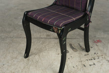 Load image into Gallery viewer, Hand Painted Black Wood Side Chair Floral Bird Carved Back Purple Plaid Seat
