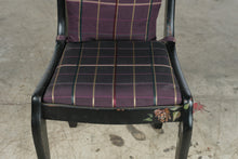 Load image into Gallery viewer, Hand Painted Black Wood Side Chair Floral Bird Carved Back Purple Plaid Seat
