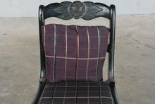 Load image into Gallery viewer, Hand Painted Black Wood Side Chair Floral Bird Carved Back Purple Plaid Seat
