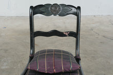 Load image into Gallery viewer, Hand Painted Black Wood Side Chair Floral Bird Carved Back Purple Plaid Seat
