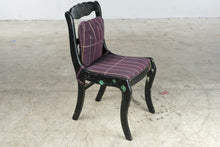 Load image into Gallery viewer, Hand Painted Black Wood Side Chair Floral Bird Carved Back Purple Plaid Seat
