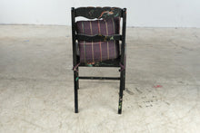 Load image into Gallery viewer, Hand Painted Black Wood Side Chair Floral Bird Carved Back Purple Plaid Seat
