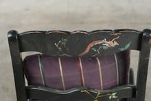 Load image into Gallery viewer, Hand Painted Black Wood Side Chair Floral Bird Carved Back Purple Plaid Seat
