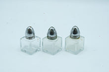 Load image into Gallery viewer, Vintage Glass Salt and Pepper Shakers Set of 3 Square Chrome Bullet Tops
