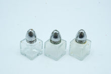 Load image into Gallery viewer, Vintage Glass Salt and Pepper Shakers Set of 3 Square Chrome Bullet Tops
