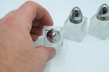 Load image into Gallery viewer, Vintage Glass Salt and Pepper Shakers Set of 3 Square Chrome Bullet Tops
