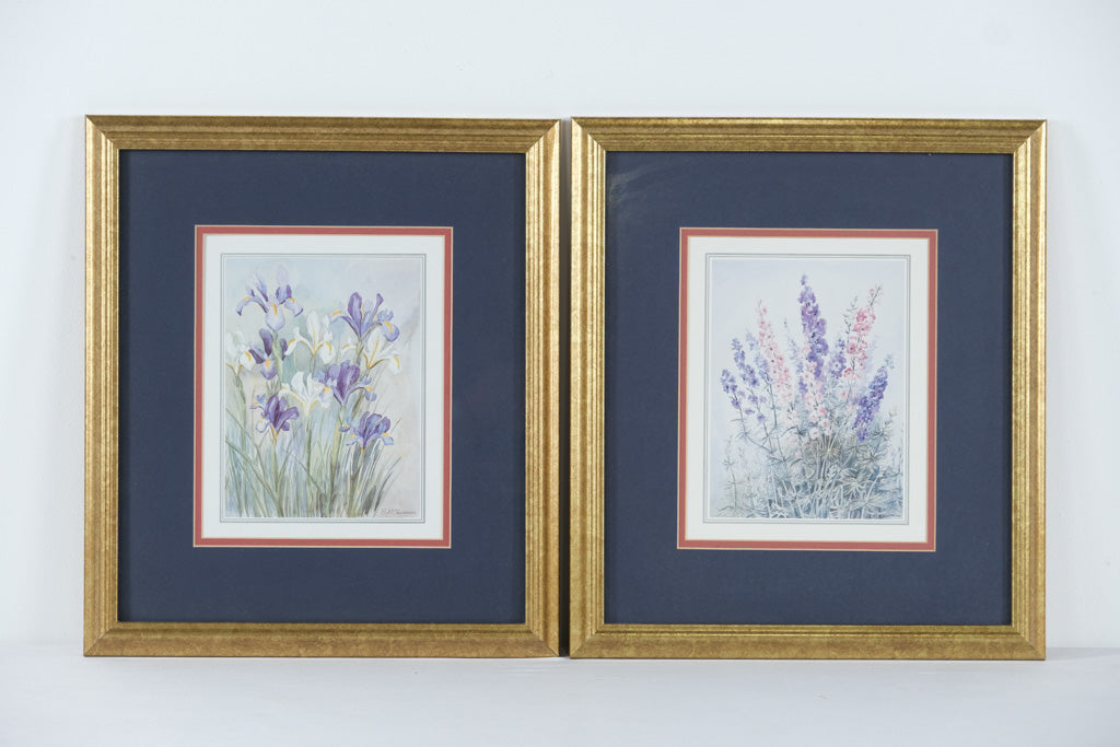 Set of 2 Framed Floral Prints by B.M. Cheesman – “Irises” & “Salvia” – 15
