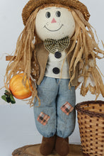 Load image into Gallery viewer, Fall Scarecrow Doll with Pumpkin Wicker Basket and Wood Base 15 Inch Harvest Decor
