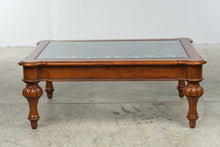 Load image into Gallery viewer, Glass Top Wood Coffee Table with Decorative Iron Scrollwork

