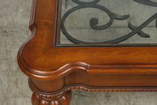 Load image into Gallery viewer, Glass Top Wood Coffee Table with Decorative Iron Scrollwork

