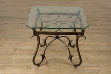 Load image into Gallery viewer, Rubbed Bronze Scrollwork Glass Side Table
