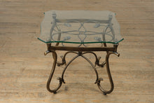 Load image into Gallery viewer, Rubbed Bronze Scrollwork Glass Side Table
