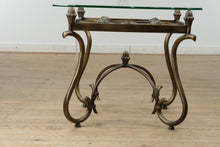 Load image into Gallery viewer, Rubbed Bronze Scrollwork Glass Side Table
