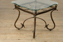 Load image into Gallery viewer, Rubbed Bronze Scrollwork Glass Side Table
