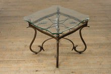 Load image into Gallery viewer, Rubbed Bronze Scrollwork Glass Side Table
