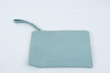 Load image into Gallery viewer, Cole Haan Aqua Blue Leather Wristlet Clutch Zip Pouch Gold Tone Hardware
