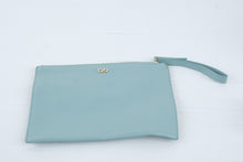 Load image into Gallery viewer, Cole Haan Aqua Blue Leather Wristlet Clutch Zip Pouch Gold Tone Hardware
