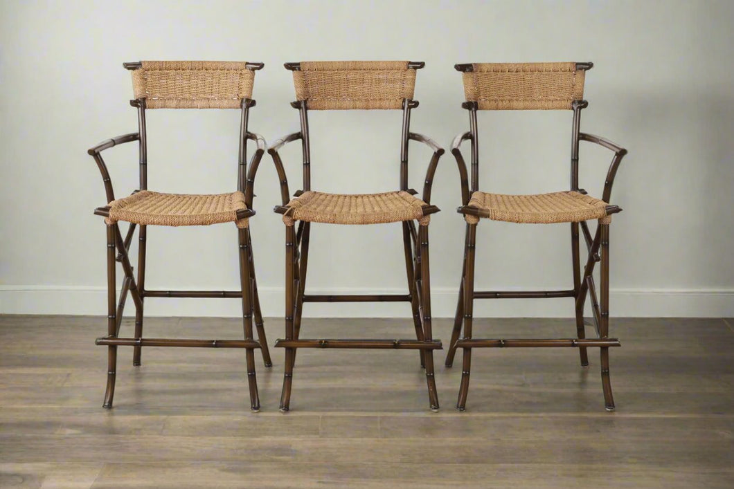 Set of 3 Metal Bamboo Woven Barstools