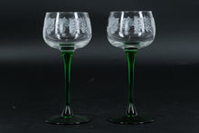 Load image into Gallery viewer, Set of 2 Luminarc France Wine Glasses – Etched Grape Design, Green Stem – 6.5” Tall
