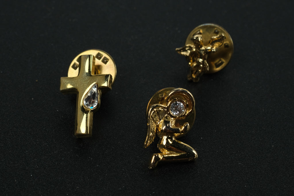 Set of 3 Gold-Tone Religious Tie Pins – Cross with Crystal, Praying Angel & Cherub Designs