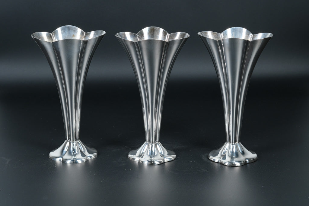 Set of 3 Silver Trumpet Vases – Reed & Barton Style – Flared Tulip Rim – 7” Tall